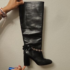 Tory Burch Black Leather Heeled Boots with Gold Chain